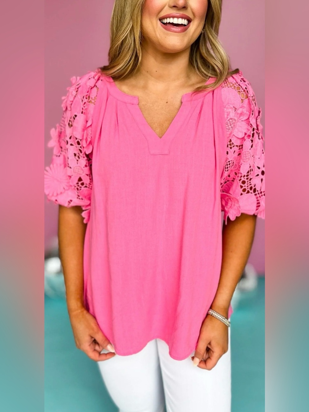 Umgee Linen Blend Bubble Pink Tunic Top M Crochet Floral Lace 3D Puff Sleeve - Picture 1 of 10